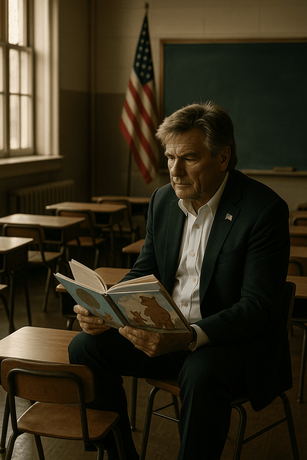 The Secretary reading to an empty federal classroom